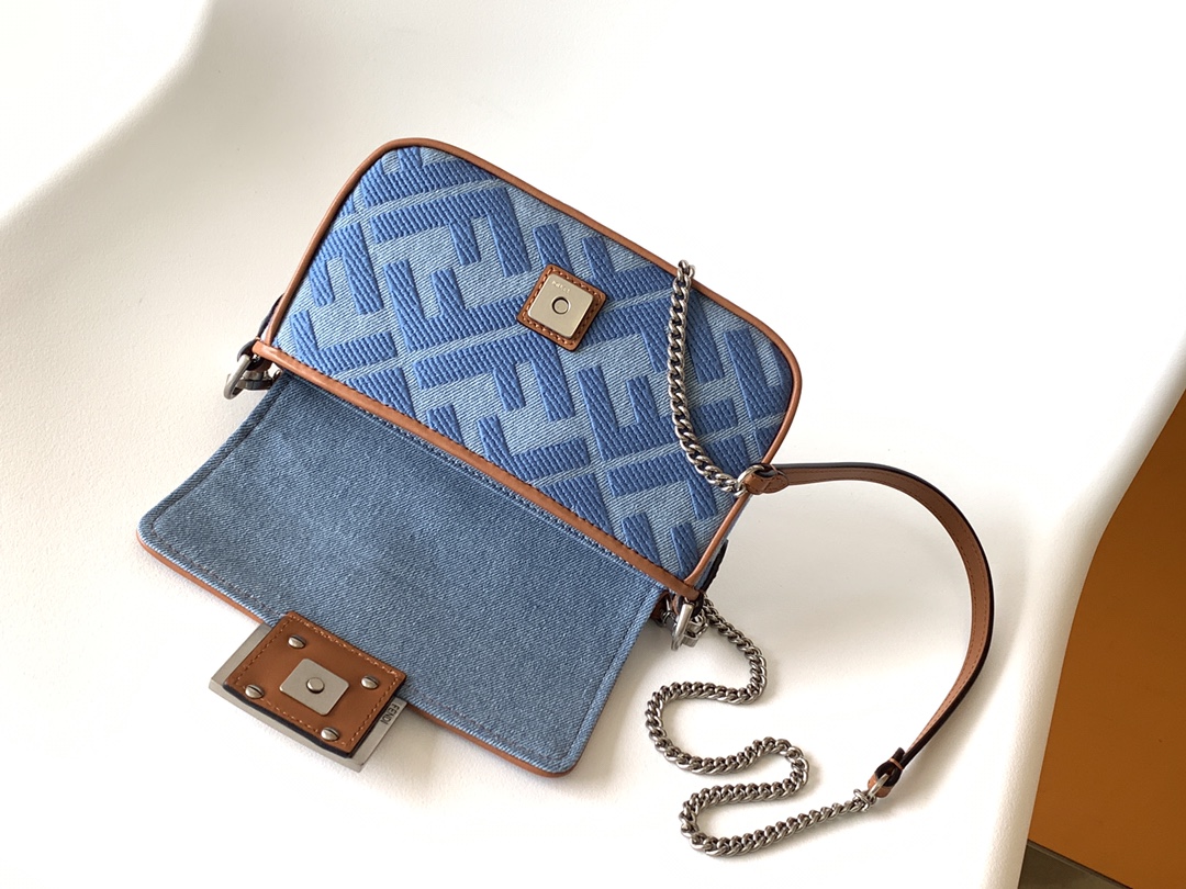 Fendi Mini Baguette FF Chenille Shoulder Bag Blue